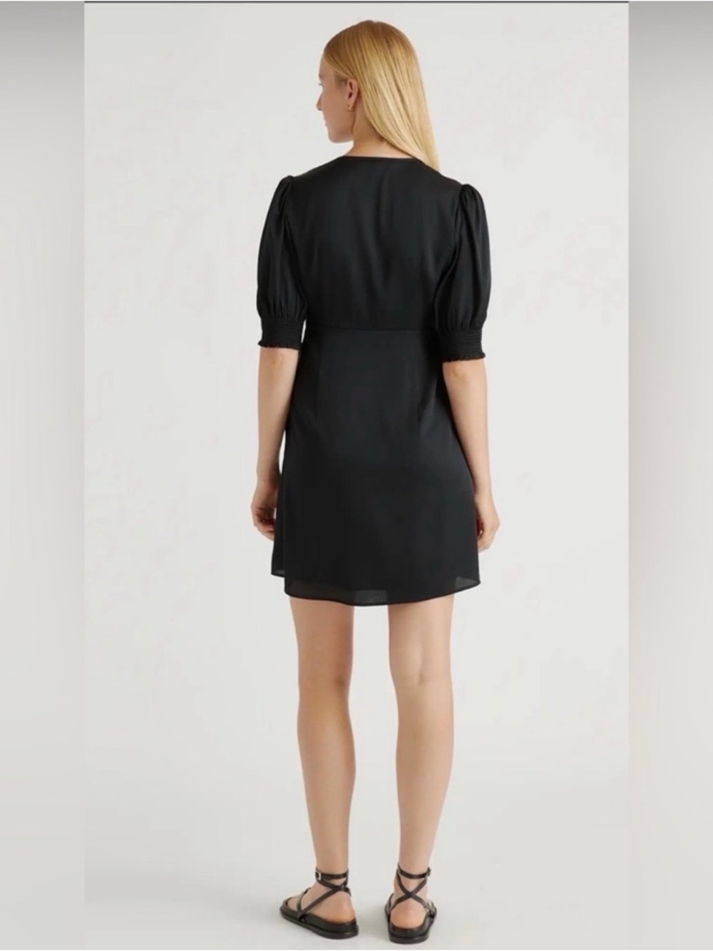 QUINCE Black V-Neck Puff Sleeve Mini Dress - Picture 2 of 3